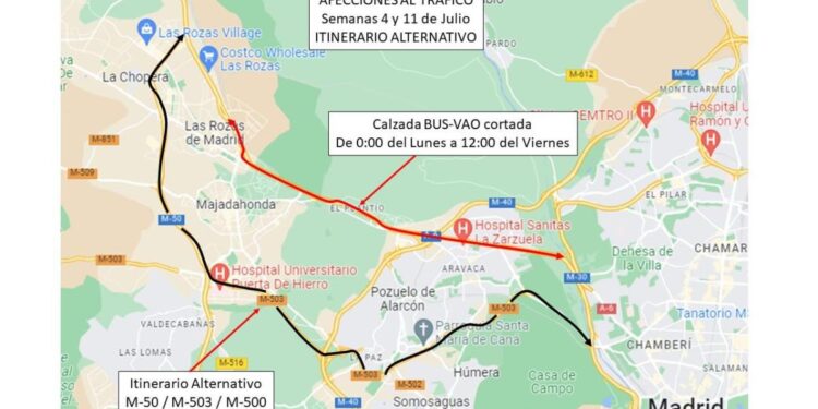 Afecciones al tráfico en el carril BUS-VAO de la A-6 por obras de rehabilitación de firme