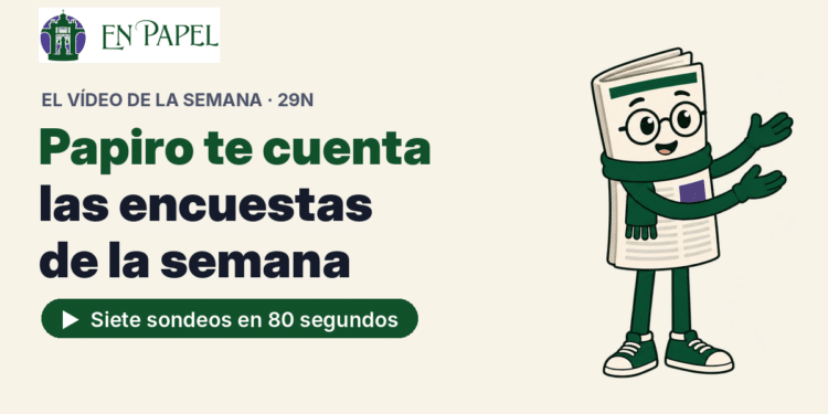 Papiro, el personaje de Enpapel con forma de periódico, presenta el vídeo de las encuestas de la semana